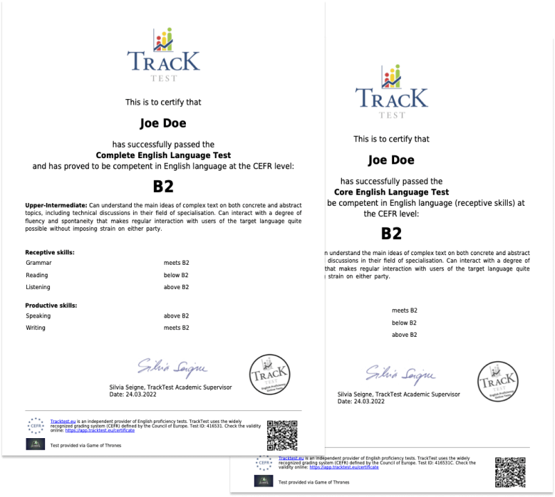 Certificat d’anglais en ligne Tracktest Francais